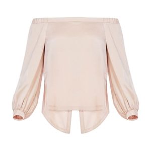 BCBGMaxAzria Marisol Satin Off-The-Shoulder Top Side & Back Slits XS Blush Beige